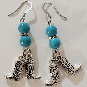 Hand Crafted Turquoise and Silver Western Cowboy Boots Pierced Earrings Cowgirl